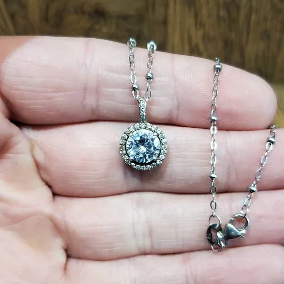 18 Inch 925 Sterling Silver Rustic Halo Gemstone CZ Pendant Necklace - Picture 3 of 8